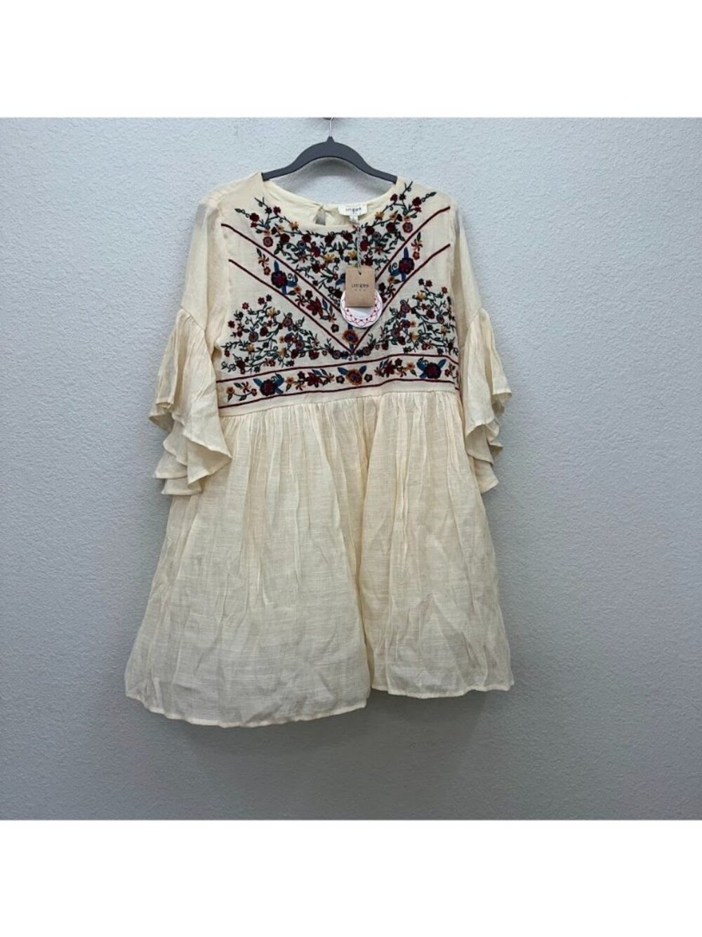 Umgee Boho Floral Embroidered Festival Mini Dress Bell Sleeves Womens Large NEW